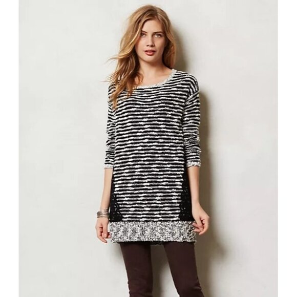 Anthropologie Moth Size L Staccato Stripe Tweed Lace Tunic Wool Blend Sweater - Picture 2 of 13